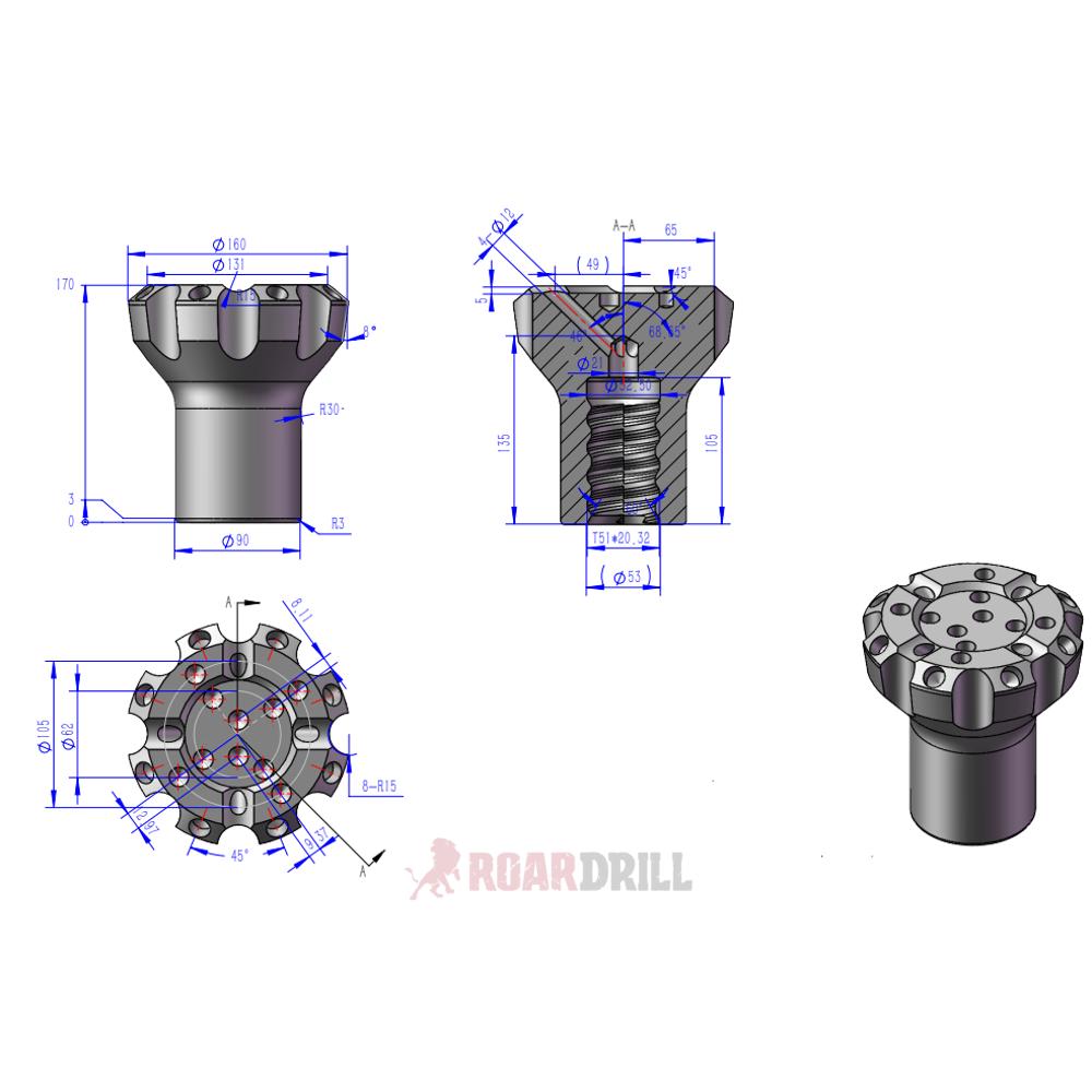 BIT T51 Dm:160mm Face:A Botton: (E09D16+I12D16) Semibalistic